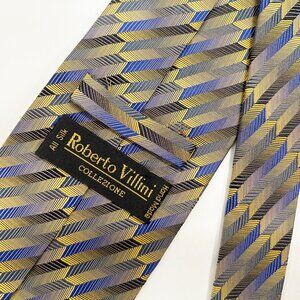 Roberto Villini Collezione Neck Tie, Gold & Blue, Handmade 100% Silk